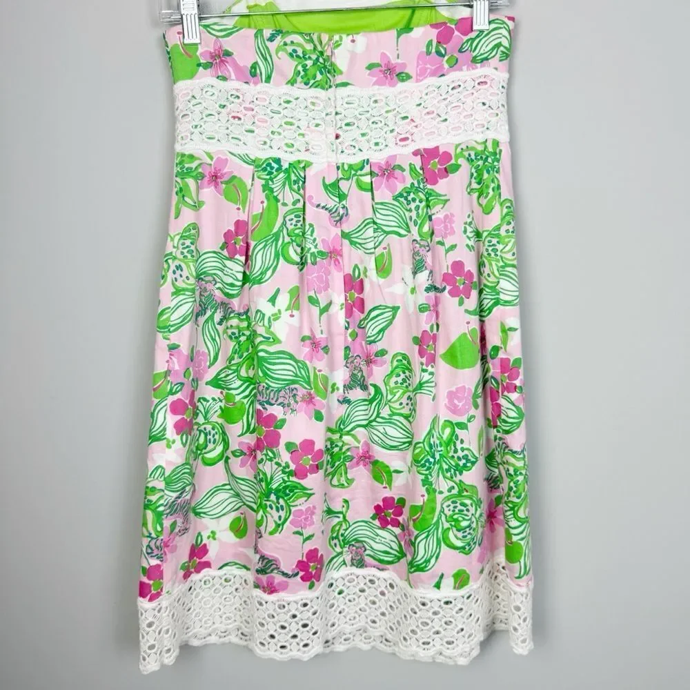 LILLY PULITZER | Floral Strapless Pink Green Dress Lace Trim Women’s Size 2 - Picture 7 of 9